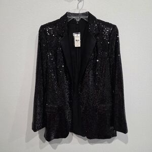 Express Black Sequin Peak Lapel Boyfriend Tuxedo Blazer Jacket Satin Trim | XS